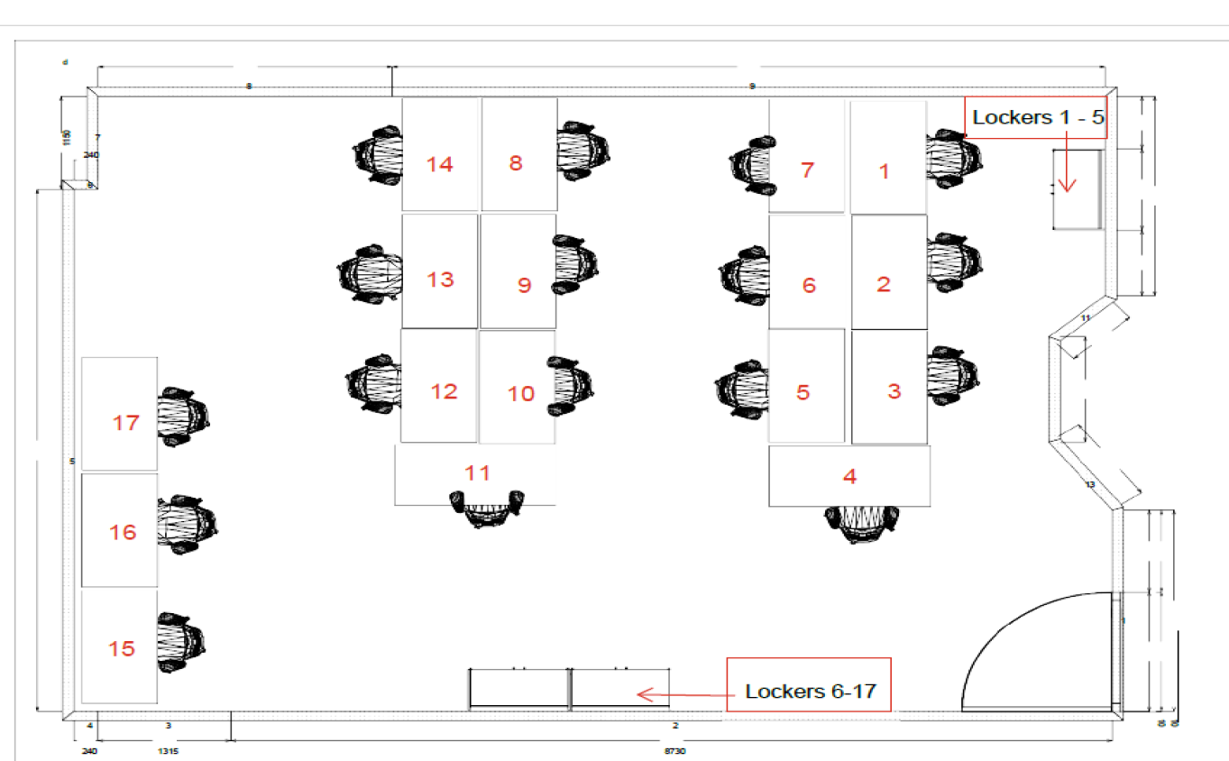 Floor plan of The Desk Hub showing 17 numbered desks arranged in clusters and along walls, with chairs and entry doors marked for orientation.