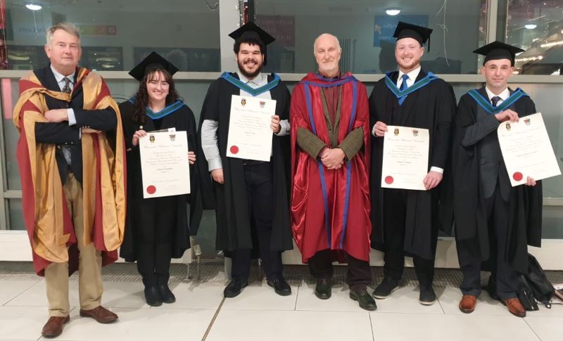 MA in Landscape Archaeology - graduations 29 November 2022
(L –R): Dr Kieran O’Conor, Marissa Honeyman MA, Cameron Feiler MA, Dr Stefan Bergh, Joseph Normandy MA & Francis O’Connor (Adriano Odello MA and Caroline O’Hanlon absent).