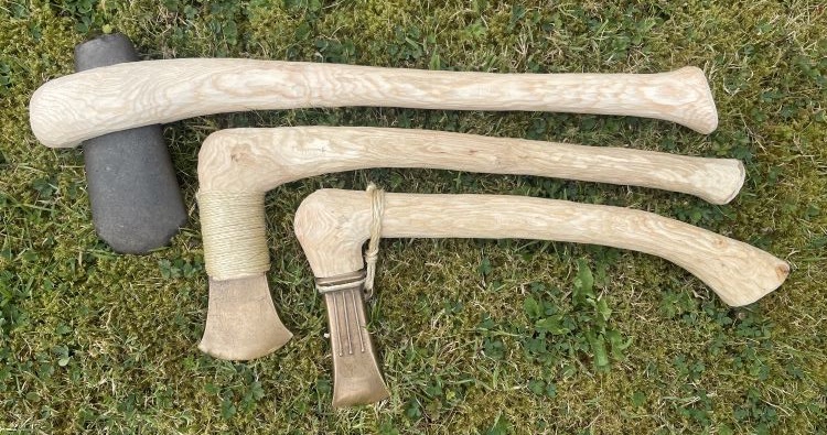 A selection of prehistoric axe heads with new handles for the archaeology teaching collection