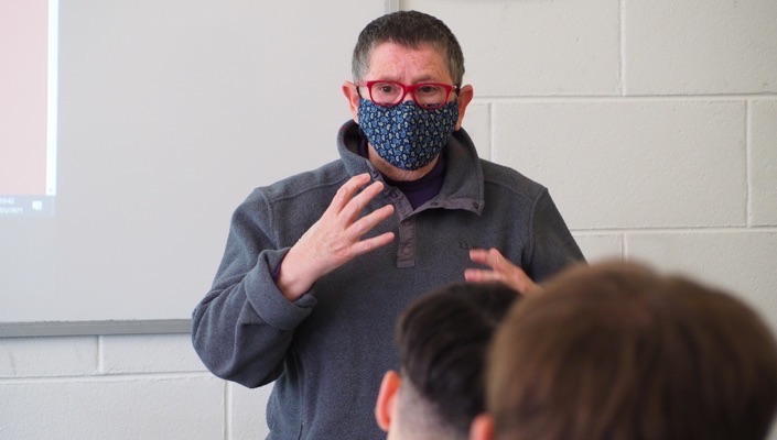 Mary Harney teaching at Col&aacute;iste na Coiribe, Knocknacarra, Co Galway in May 2021 (Photo credit: Siji