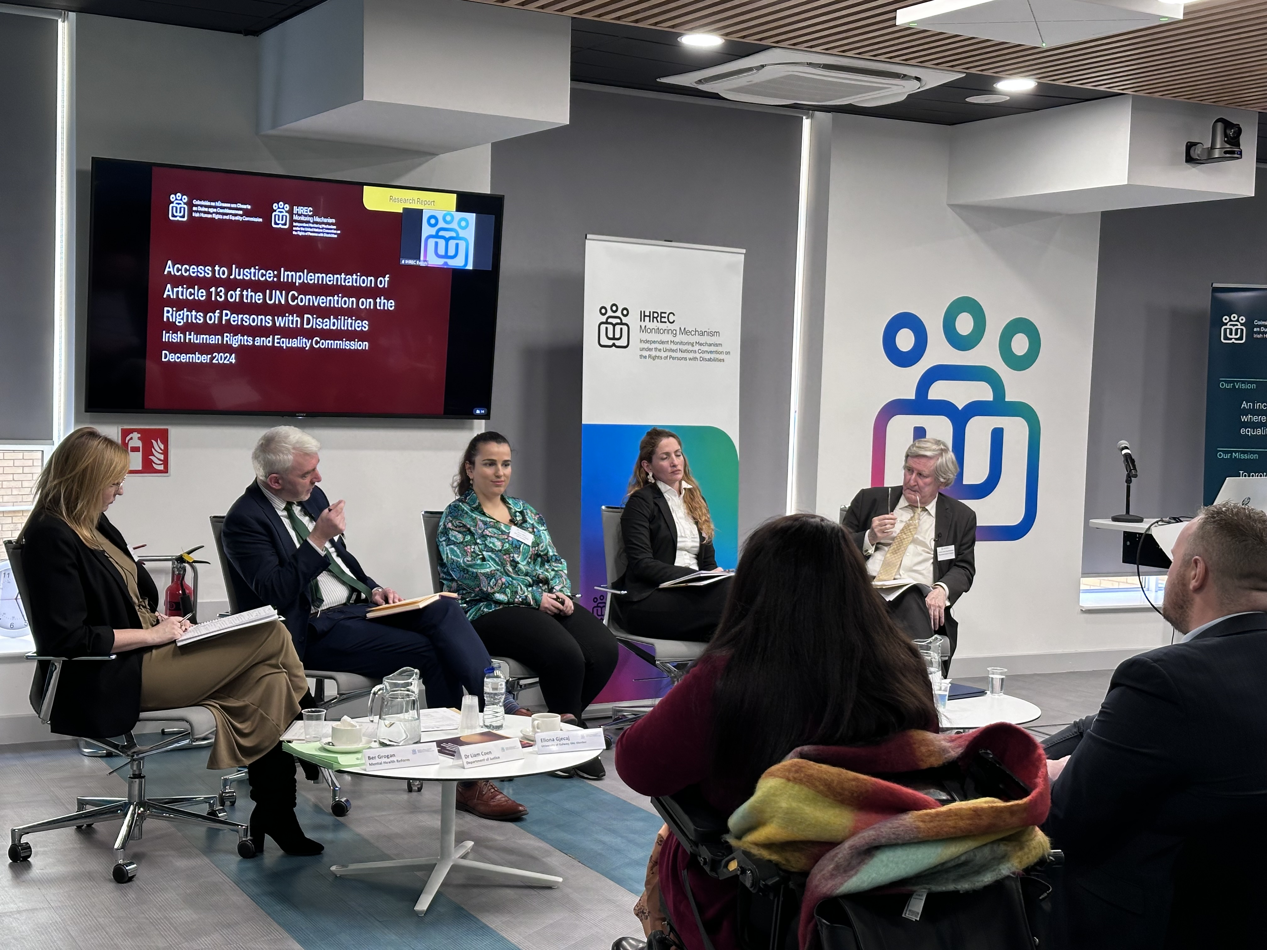 Panel discussion on the findings in the Report. Pictured from Right to Left, Chair: Justice John MacMenamin (retired Judge of the Supreme Court), Sofiya Kalinova, Barrister-at-Law, Eliona Gjecai, Member of IHREC Disability Advisory Committee, Liam Coen, Department of Justice, Ber Grogan, Mental Health Reform.