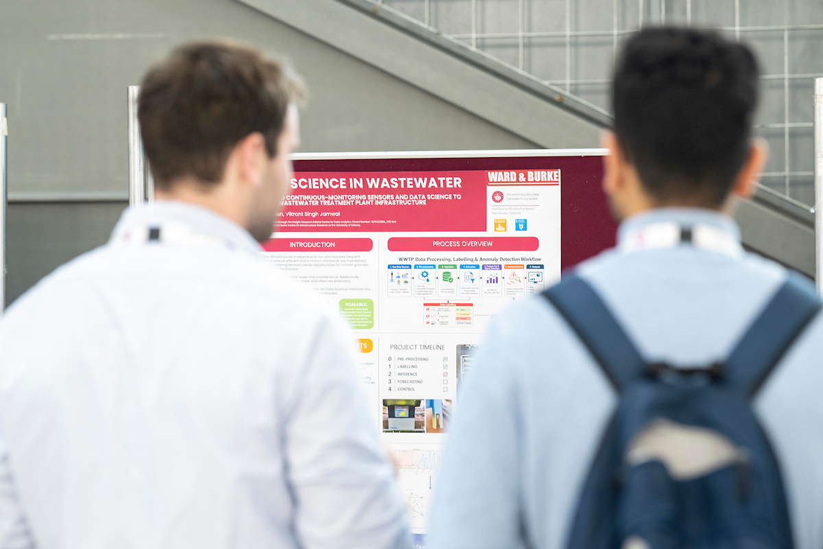 men looking at poster