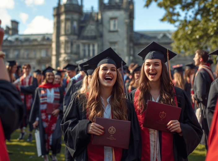 Two students dressed in graduation gowns smiling. 