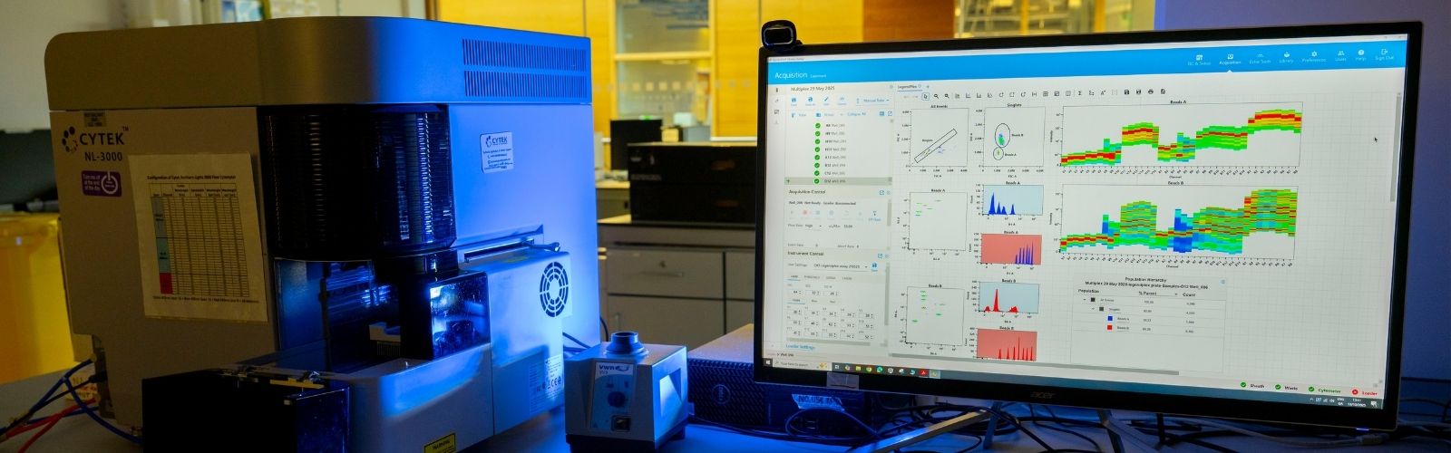 An image of a flow cytometer and a computer screen with graphs on display